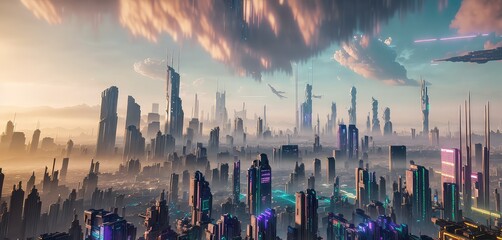 sunset over the cyberpunk city landscape, cloudy cyberpunk city at sunset time background, cyberpunk city landscape background. generative ai