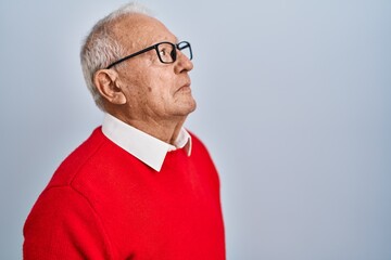 Canvas Print - Senior man with grey hair standing over isolated background looking to side, relax profile pose with natural face and confident smile.