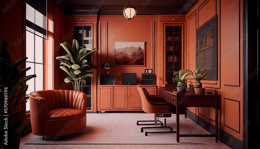 Modern living room, small and luxury office lobby with tawny orange ...