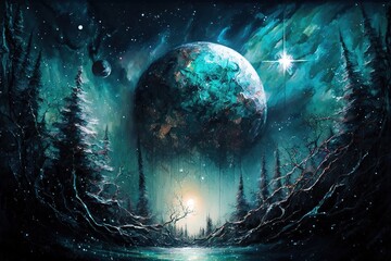 a dark forest landscape with a massive planet shining brightly in the starry sky of a fantasy galaxy