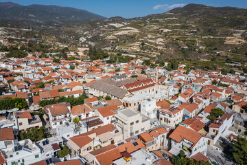 Canvas Print - Aerial view of Omodos village with Monastery of the Holy Cross in Troodos Mountains on Cyprus island country