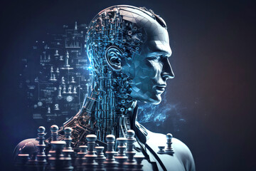 Fototapete - Abstract digital humanoid cyber face. Artificial intelligence concept of big data or cyber security. Chat GPT concept. Generative AI