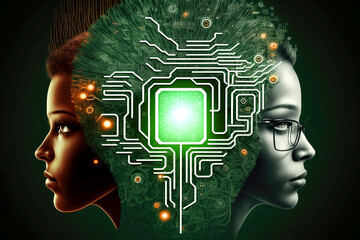 Fototapete - Abstract digital humanoid cyber face. Artificial intelligence concept of big data or cyber security. Chat GPT concept. Generative AI