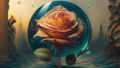 Wall Mural -  a painting of a yellow rose in a glass ball with water droplets around it and a green leaf on the bottom of the picture, and a gold frame around the edges.  generative ai