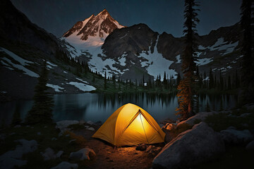 set against the backdrop of a star-filled night sky, this striking image of a camping tent near a se