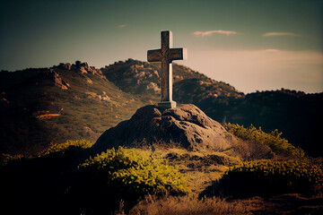 Wall Mural - Stone cross on the hill. Generative AI.