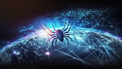 Cyber microchip spider networked on a digital data spider web mesh, artificial intelligence created with generative ai technology