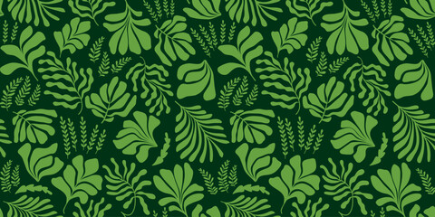 Abstract background with leaves and flowers, Matisse style. Vector seamless pattern with Scandinavian cut out elements.