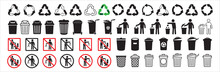 Trash Bin Icon Set. Recycle Icons Collection. Do Not Litter In The Toilet Sign. Littering Forbidden Signage. Throw The Rubbish In The Bin Sign. Vector Sock Illustration.