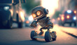 A cute robot performs tricks on skateboard down urban street