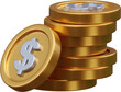 Stack of gold dollar coin currency market financial or investment money banking treasure wealth cash and golden dollar pile economy with business earnings profit sign. 3D render