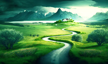 A Winding Asphalt Path Stretches Through Lush, Verdant Meadows, Inviting The Viewer On A Journey Towards The Horizon
