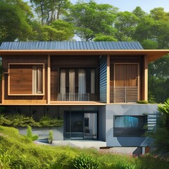 Wall Mural - Sustainable modern house with a rainwater harvesting system2, Generative AI