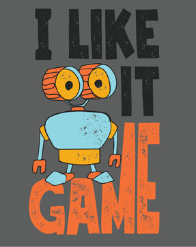 Space robot Vector illustration of little robot cartoon with text, coloring book or page