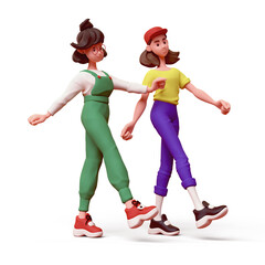 Wall Mural - Two excited asian active brunette k-pop girls in fashion casual yellow purple green clothes are walking. Youth start-up for students, business education, teamwork. 3d render isolated on white backdrop