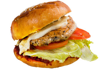 Burger with grilled chicken meat, tomato and melted cheese . Juicy chicken in a grilled burger