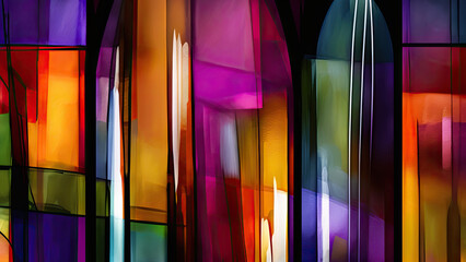 Modern, contemporary abstract background with vibrant colors reminiscent of a stained glass window.  Generative AI.