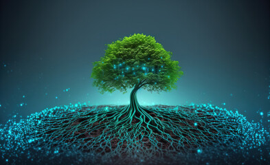 A beautiful large tree growing on the micro chip computer circuit board showing concept of digital business CSR and ethics . Sublime Generative AI image .