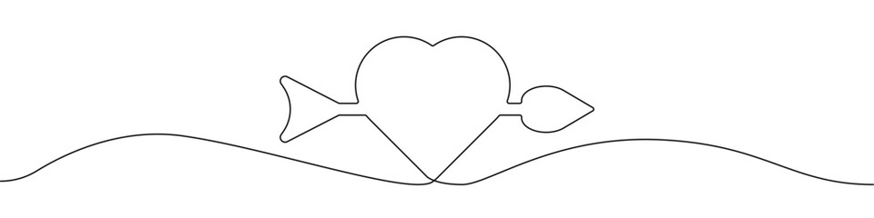 Poster - Arrow in Heart icon line continuous drawing vector. One line arrow in heart icon vector background. Arrow in heart icon. Continuous outline of a Love Arrow Heart icon.