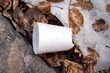 A white tattered and broken extruded polystyrene cup with missing bottom lays as litter amongst rocks, leaves and snow in winter season.