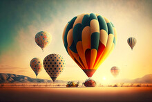 Hot Air Balloons Racing In Early Morning Against Light Sky, Generative Ai