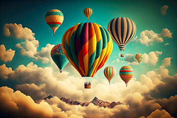 beautiful hot air balloons flying against backdrop of clouds, generative ai