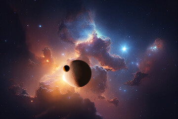 Planet with moon on a background of stars. Generative AI
