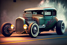 Customized Old Car With Burning Engine Drives On Road Hot Rods, Generative Ai