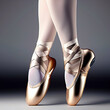 The legs of a ballerina in gold pointe shoes. Illustration on a gray background. Ballet pointe shoes. Generative AI