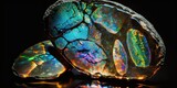 Fototapeta  - Wunderschöner geschliffener Opal Mineralstein auf schwarzem Hintergrund, ai generativ 