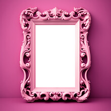Pink Ornate Picture Frame With Transparent Center For Your Image, On Pink Background,, Vertical, Illustration
