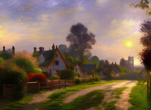 Old Fashioned Impressionist Style Painting Of An English Country Village With Houses Surrounded By Trees And Flowers Along A Lane. Generative Ai Illustration.