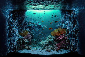 Wall Mural - Underwater deep-sea gorge. Underwater deep ocean world, light on the sea depth. Undersea world. AI