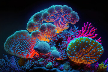 Wall Mural - Underwater sea world. Colorful neon corals at the bottom of the ocean. AI