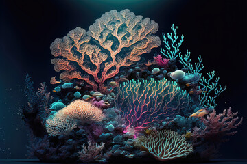 Wall Mural - Underwater sea world. Colorful neon corals at the bottom of the ocean. AI