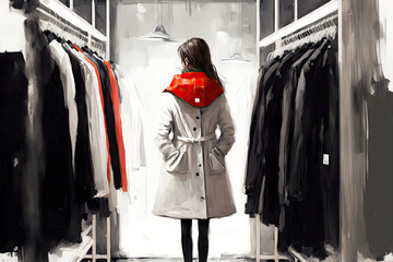 Sticker - girl in white black coat and red dress on a hanger in the store, generative ai