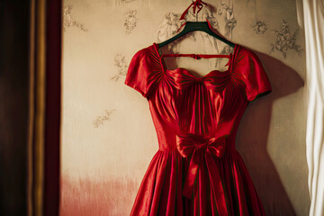 Sticker - red dress on a hanger in the store with small bows on fabric generative ai