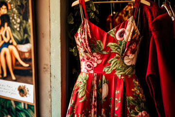 Sticker - cute red dress on a hanger in the store with floral pattern and pockets, generative ai