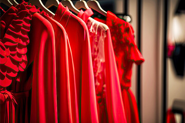 Sticker - assortment of clothes on racks in clothing store red dress on a hanger in the store generative ai