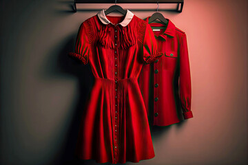 Canvas Print - paired new outfit red dress and shirt on a hanger in the store, generative ai