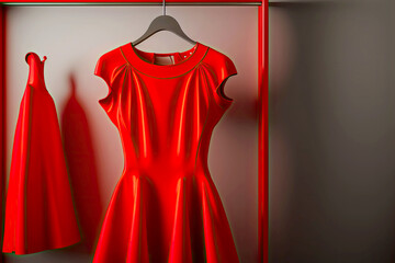 Poster - new trendy red dress on a hanger in the store on bright background, generative ai