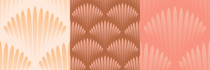 Feminine ombre scallop seamless vector pattern set in beige, peach and pink.