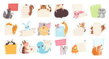 Cute Adorable Animals With Blank Banners Set. Diary, Memo, Daily Planner, To Do List, Notebook, Cards, Stickers Design Vector Illustration