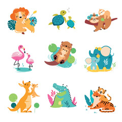 Sticker - Mom and baby animals. Cute moms hugging her babies. Turtle, flamingo, sloth, kangaroo, crocodile, tiger families cartoon vector illustration