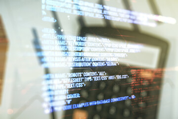 Poster - Multi exposure of abstract programming language hologram on calculator and papers background, artificial intelligence and machine learning concept