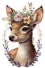 Wall Mural - Baby deer with a crown of flowers watercolor, Generative AI