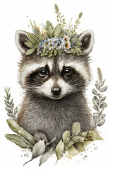 Wall Mural - Baby raccoon with a crown of flowers watercolor, Generative AI