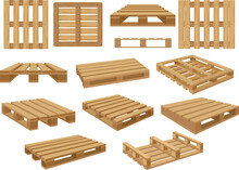 Warehouse Pallet. Wooden Containers For Stacking Shopping Products Recent Vector Illustrations Isolated