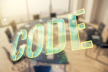 Aufkleber - Code word hologram on a modern meeting room background, artificial intelligence and neural networks concept. Multiexposure