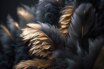 Soft and fluffy background, bird feathers, black and gold feathers. AI